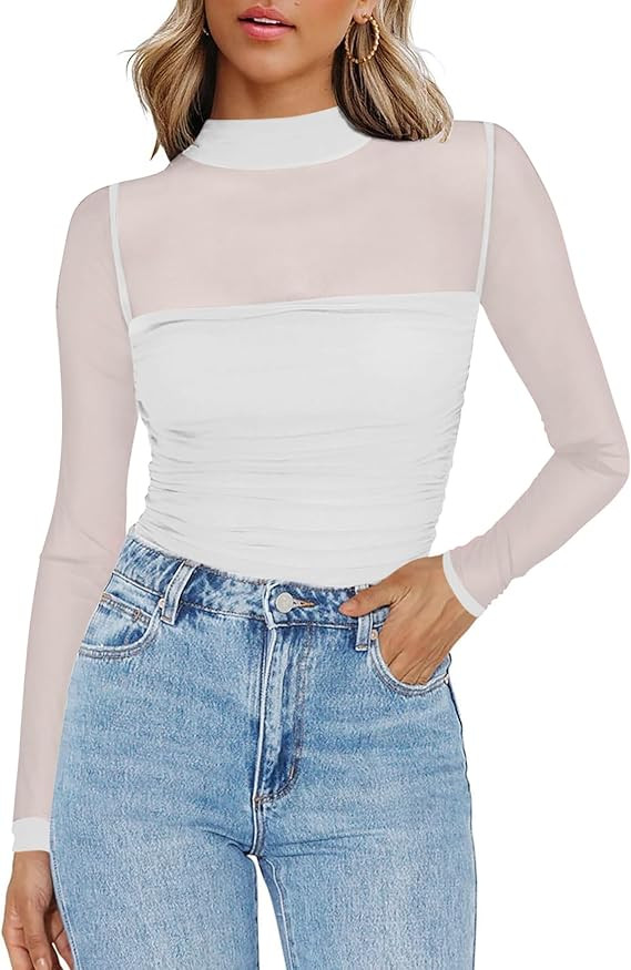 Zeagoo Womens Mesh Sheer Long Sleeve Top Mock Turtle Neck See Though Shirts Ruched Sexy Casual Go... | Amazon (US)