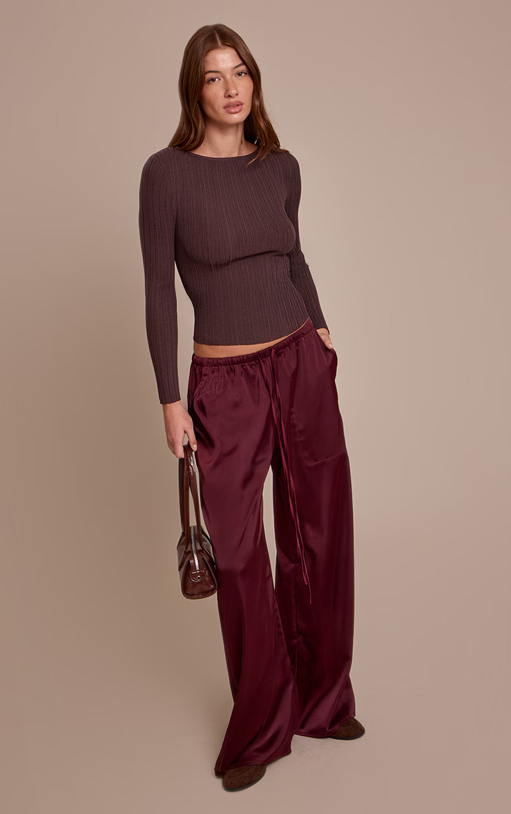 Burgundy Satin Low Rise Wide Leg Drawstring Trousers | PrettyLittleThing UK