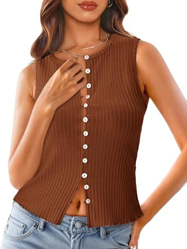 Tankaneo Womens Going Out Tops Summer Cute Ribbed Tank Crop Button Up Vest Top Y2K Sexy Outfits Coffee | Amazon (US)