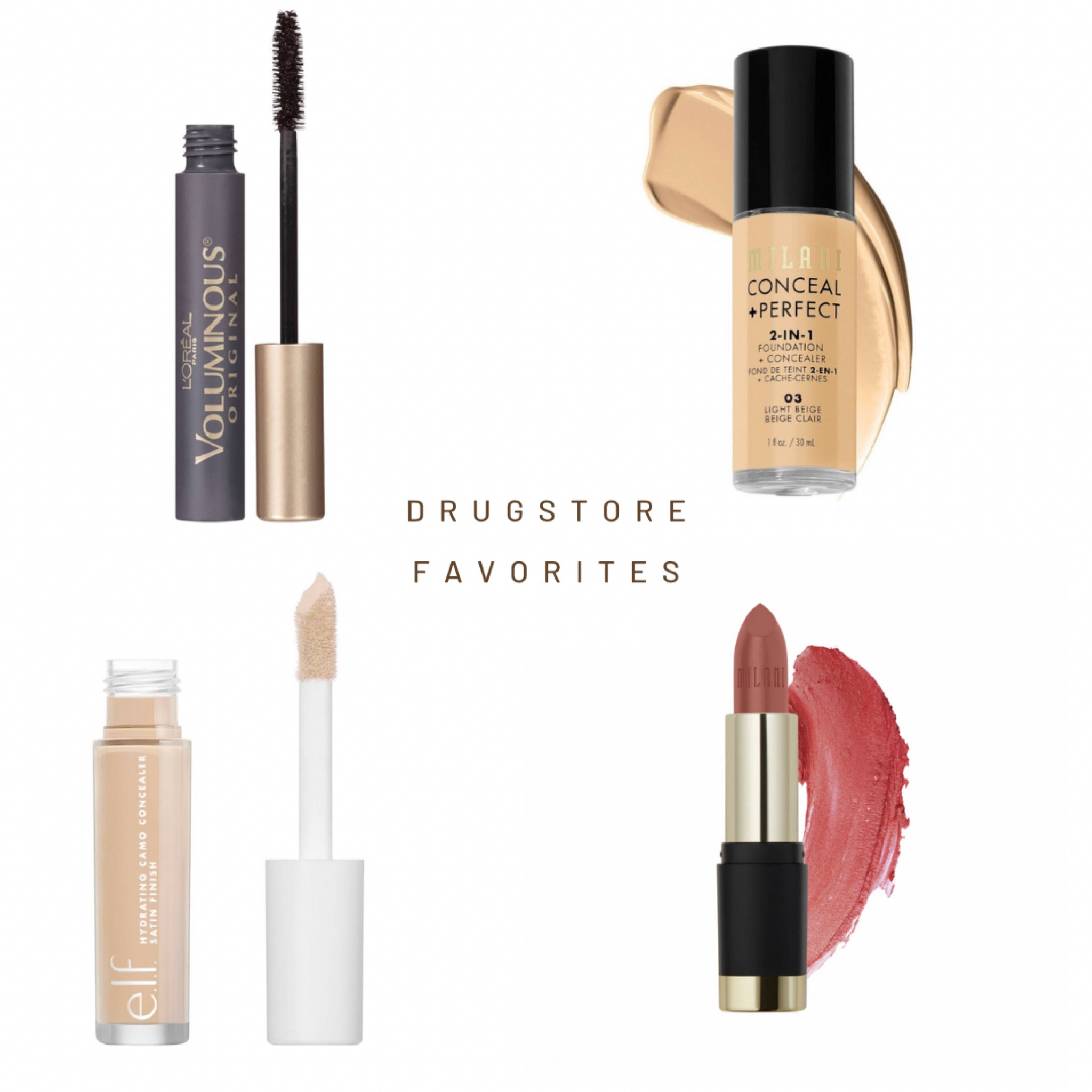 A few of my drugstore staples! 

Milani foundation: FULL coverage!!! Absolutely love this for those of you who want a solid foundation. Can be used as concealer and contour!! Can’t ever complain about a multi-use product. 

Milani lippie: this stuff stays on SO well! Satin matte finish.. which we love. Huge fan of the shades I am pretty & I am smart. I’ve had these in my kit on repeat. Too it off with a gloss and you have the perfect look! 

Milani Lip Oil: This stuff smells like CANDY and I want to eat it all the time. Such a hydrating lip oil to throw in your purse and have on hand! Gives the cutest color & so much more affordable than the Dior! 

Elf Hydrating Concealer: This reminds me of the CREAMY Tarte shape tape!! Love the coverage! 

Loreal Mascara: an oldie but SUCH a goodie. Can never go wrong. I even love using the colored ones for a pop! 

#LTKGiftGuide #LTKsalealert #LTKbeauty