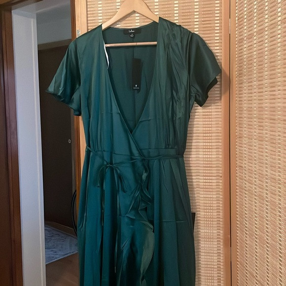 Love Of Your Life Dark Green Satin Ruffled Wrap Maxi Dress | Poshmark