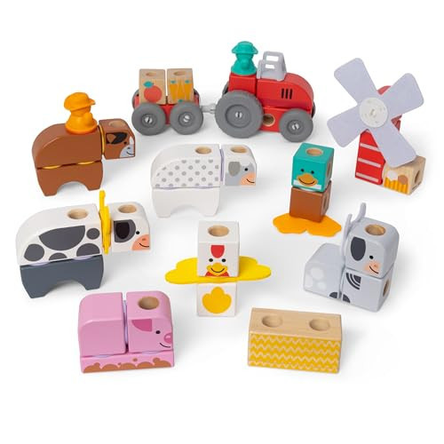 Melissa & Doug Blockables™ Farm and Farm Friends 2-Pack Bundle Connectable Wooden Building Blocks Preschool Play Set Toy | Amazon (US)