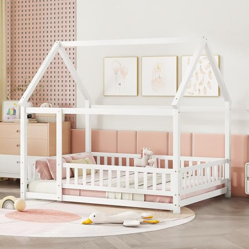 Bellemave Full Size House Floor Bed,Wooden Montessori Bed with Fence and Roof for Kids,Playhouse Full Bed Frame for Girls,Boys(Full,White) | Amazon (US)