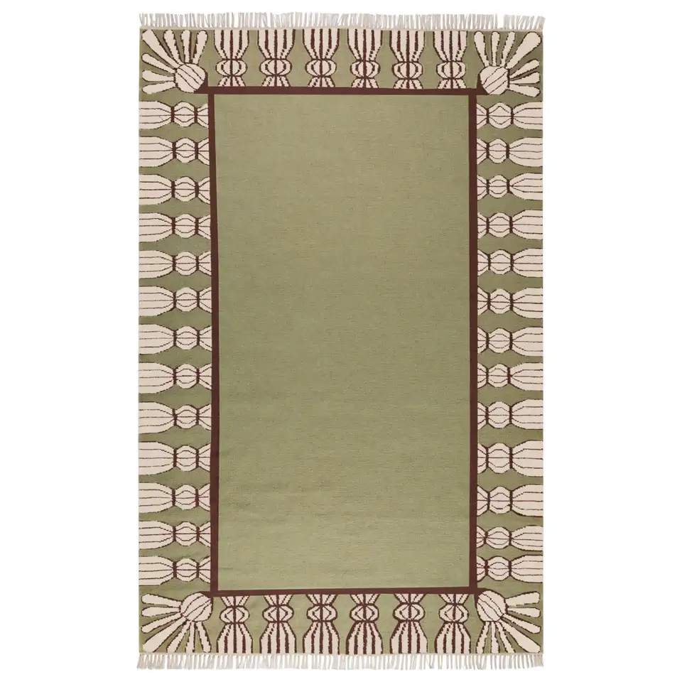 Handwoven Wool Tassel Rug, 8' x 10', Sage, Chocolate and Eggshell | 1stDibs