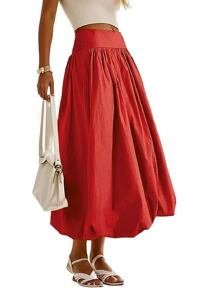 Women's Bubble Long Skirt Elastic Waist A-Line Pleated Ruffle Flowy Balloon Maxi Skirts with Pock... | Amazon (US)