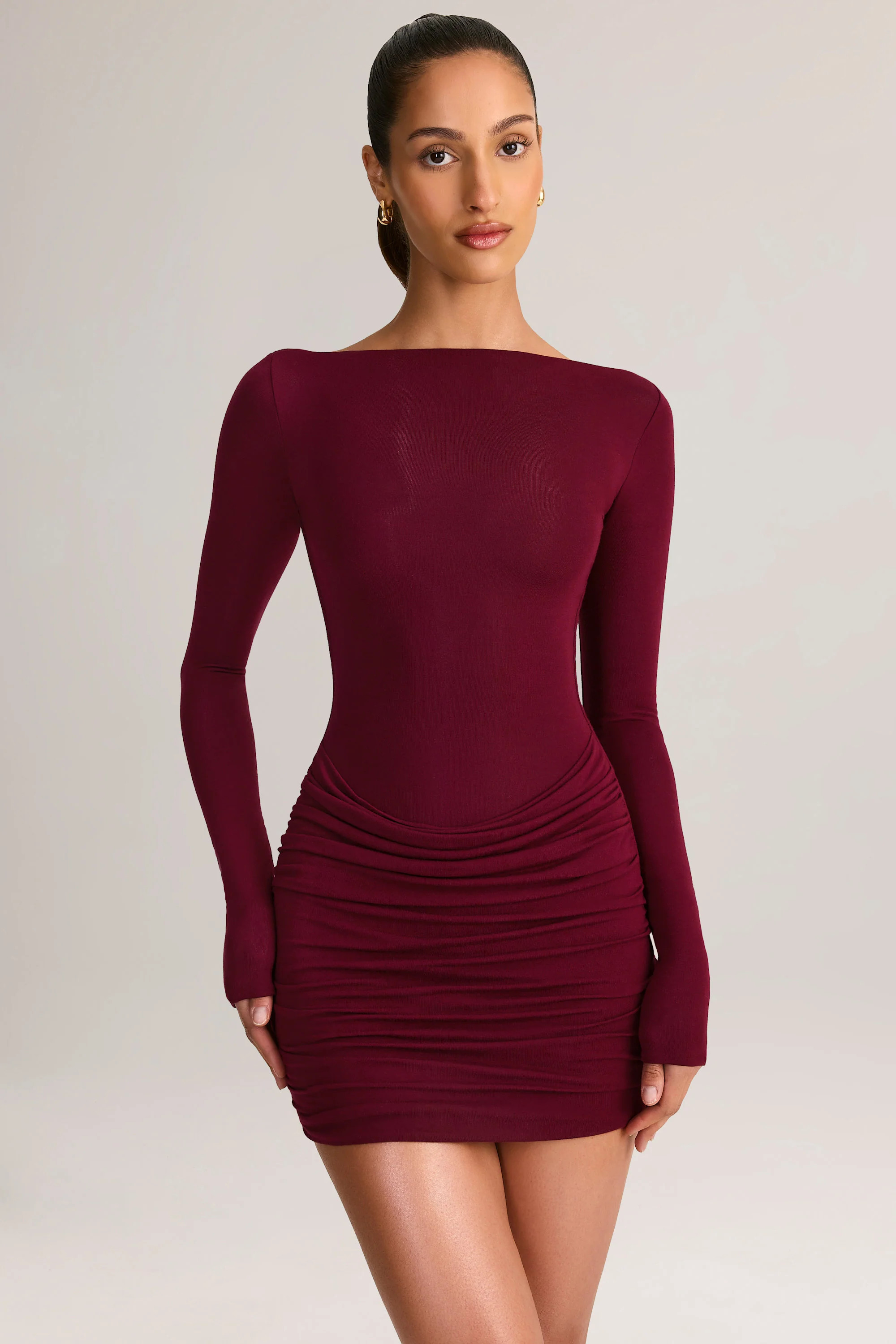 Modal Boat-Neck Draped Long-Sleeve Mini Dress in Wine | Oh Polly