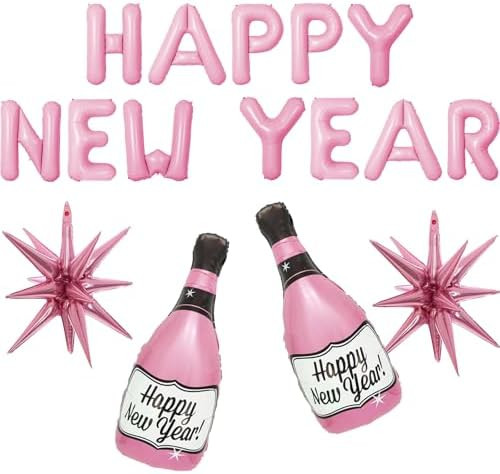 16 Pcs Pink New Year Champagne Bottle Balloons Happy New Year Banner Star NYE Set for Eve Party D... | Amazon (US)