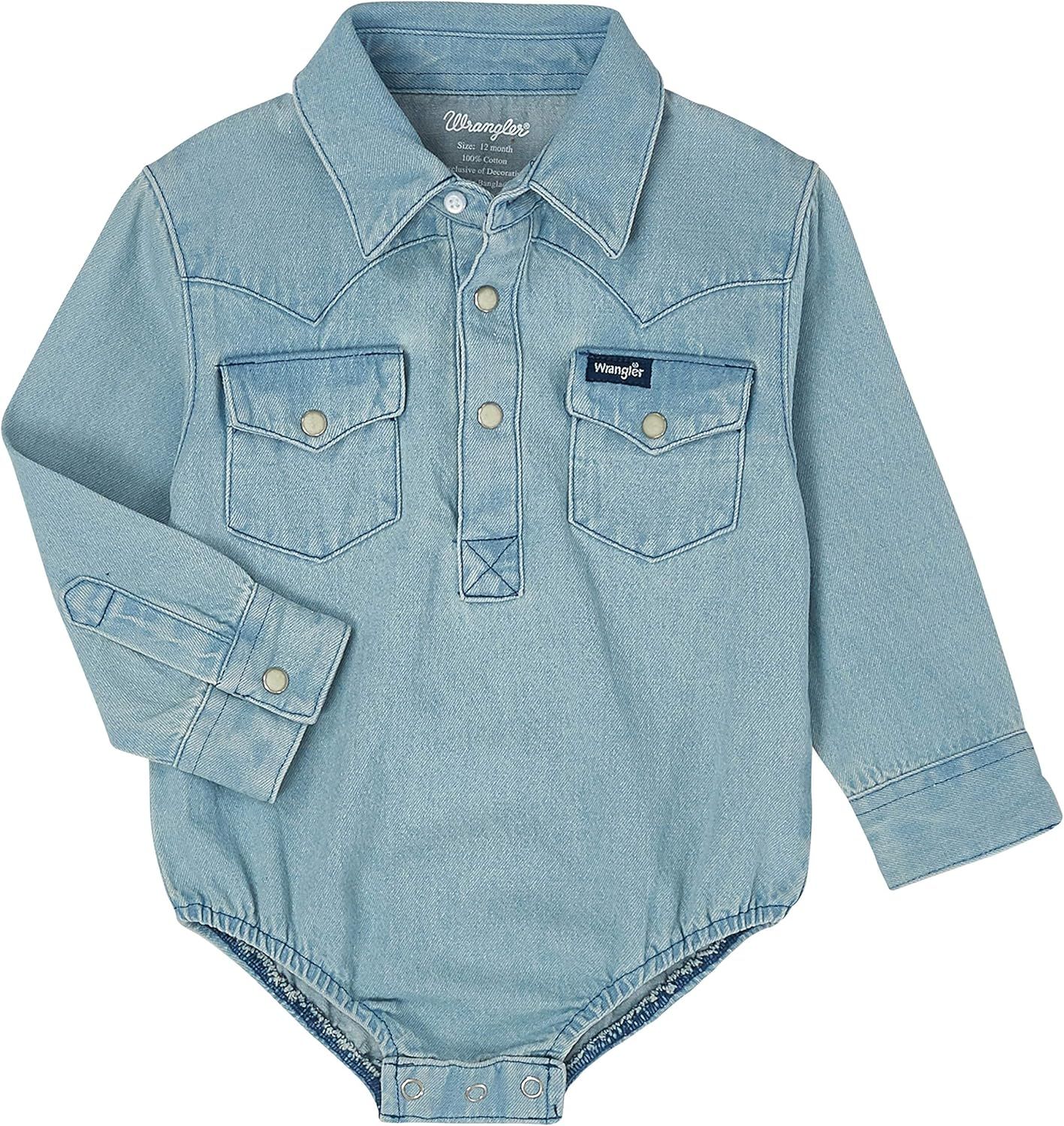 Wrangler Authentics Baby Boys Long Sleeve Denim Bodysuit, Faded Blue, 24 Months | Amazon (US)
