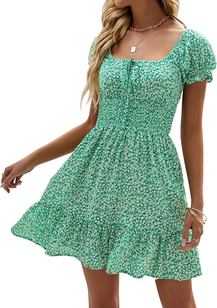 Heysolo Womens Boho Floral Smocked Square Neck Short Sleeve Ruffle Beach Summer Mini Dress | Amazon (US)