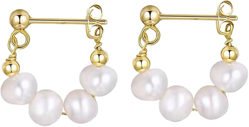 S925 Minimal Cuff Small Pearl Earrings with Gold Beads Baroque Pearls Dainty Huggie Hoop Earrings... | Amazon (US)
