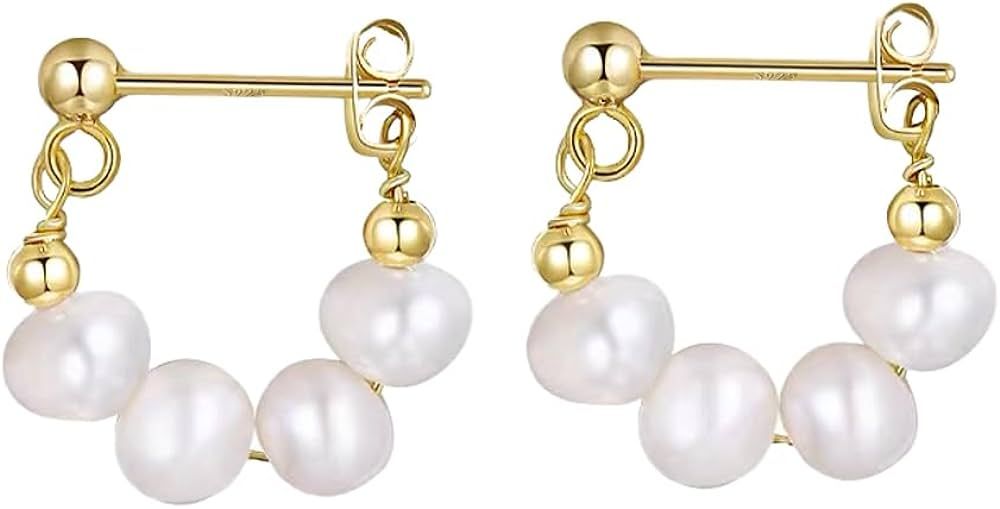 S925 Minimal Cuff Small Pearl Earrings with Gold Beads Baroque Pearls Dainty Huggie Hoop Earrings... | Amazon (US)