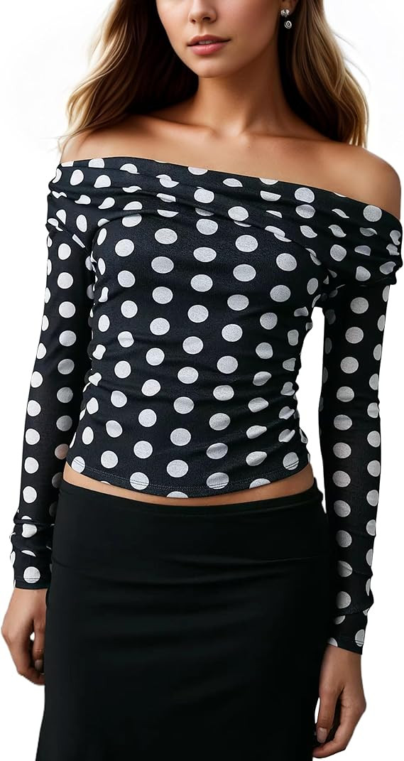 Women Polka Dot Off Shoulder Top Slim Fit Long Sleeve Crop Top Tight Sexy y2k Going Out Shirts Ni... | Amazon (US)