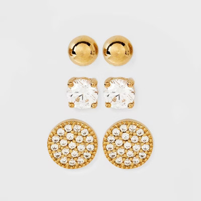 14K Gold Plated Cubic Zirconia Ball Pave Trio Stud Earring Set - A New Day™ Gold: Polished Bask... | Target