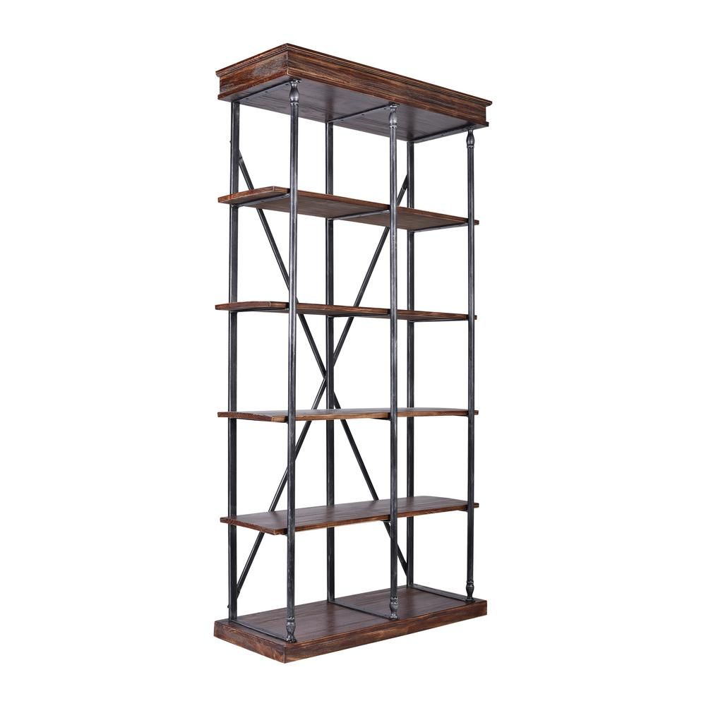 Today's Mentality 78.74 in. Rustic Pine/Black Metal 5-shelf Standard Bookcase with Open Back | The Home Depot