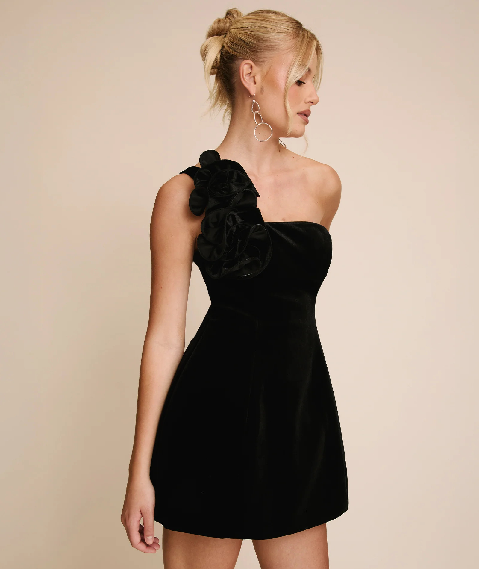 Velvet Corsage A-line Mini Dress - Black | Six Stories