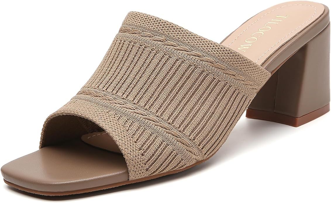 Tilocow Knit Heeled Sandals Chunky Low Block Heel Mules for Women Square Open Toe Heels Slip On B... | Amazon (US)