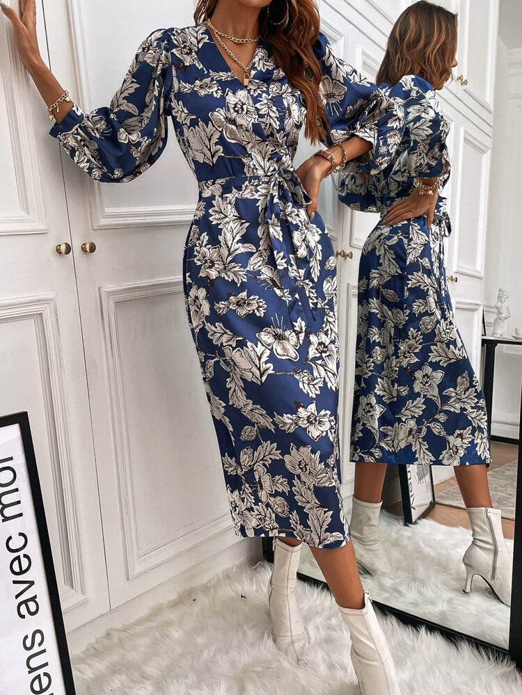 Satin Floral Bishop Sleeve Belted Fitted Dress | SHEIN