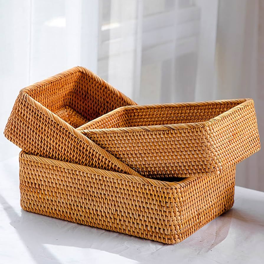 ZENFUN 3 Pack Rectangular Rattan Storage Baskets, Bulk Shallow Wicker Baskets for Decor, Handmade... | Amazon (US)