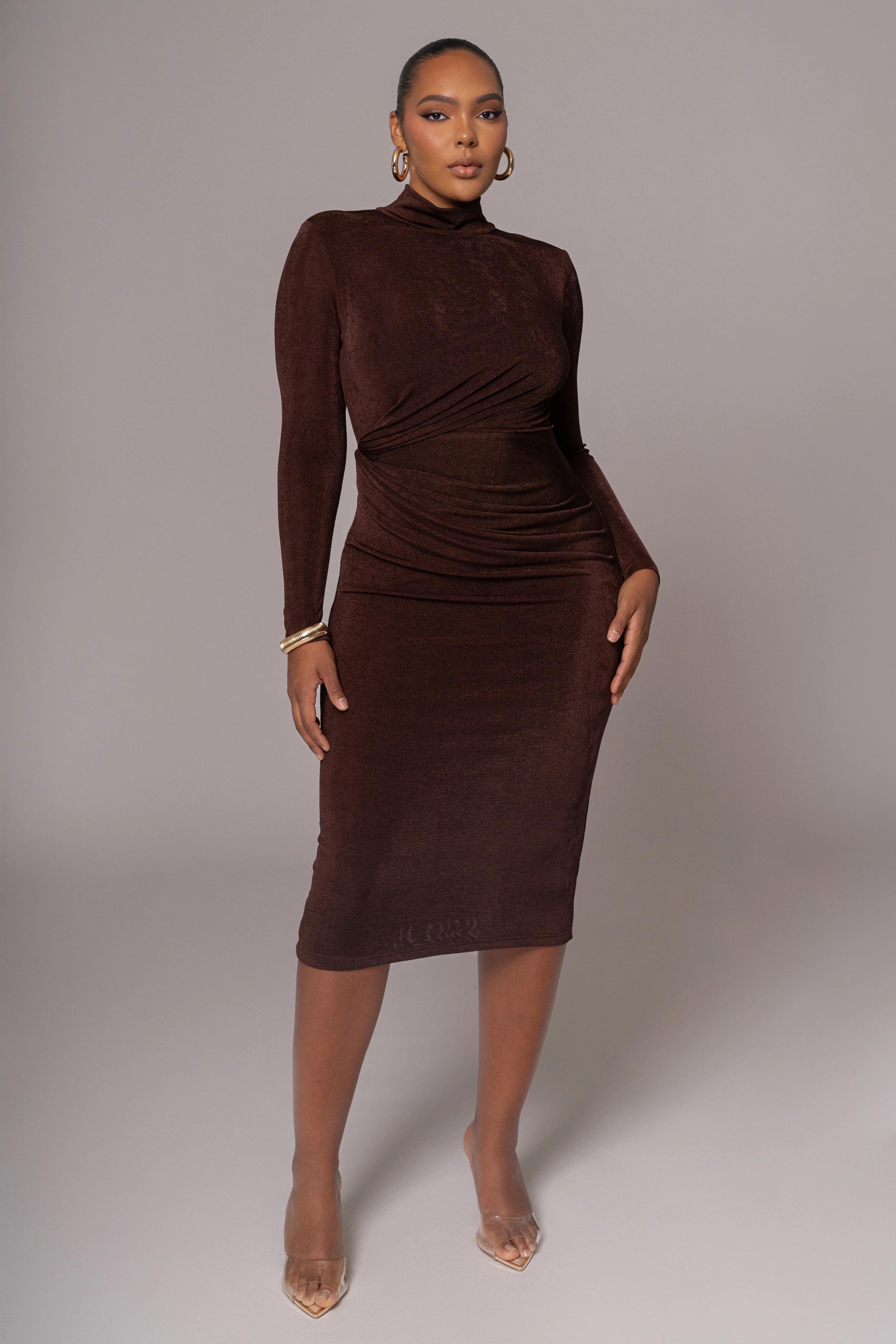 Chocolate Kara Mock Neck Dress | JLUXLABEL