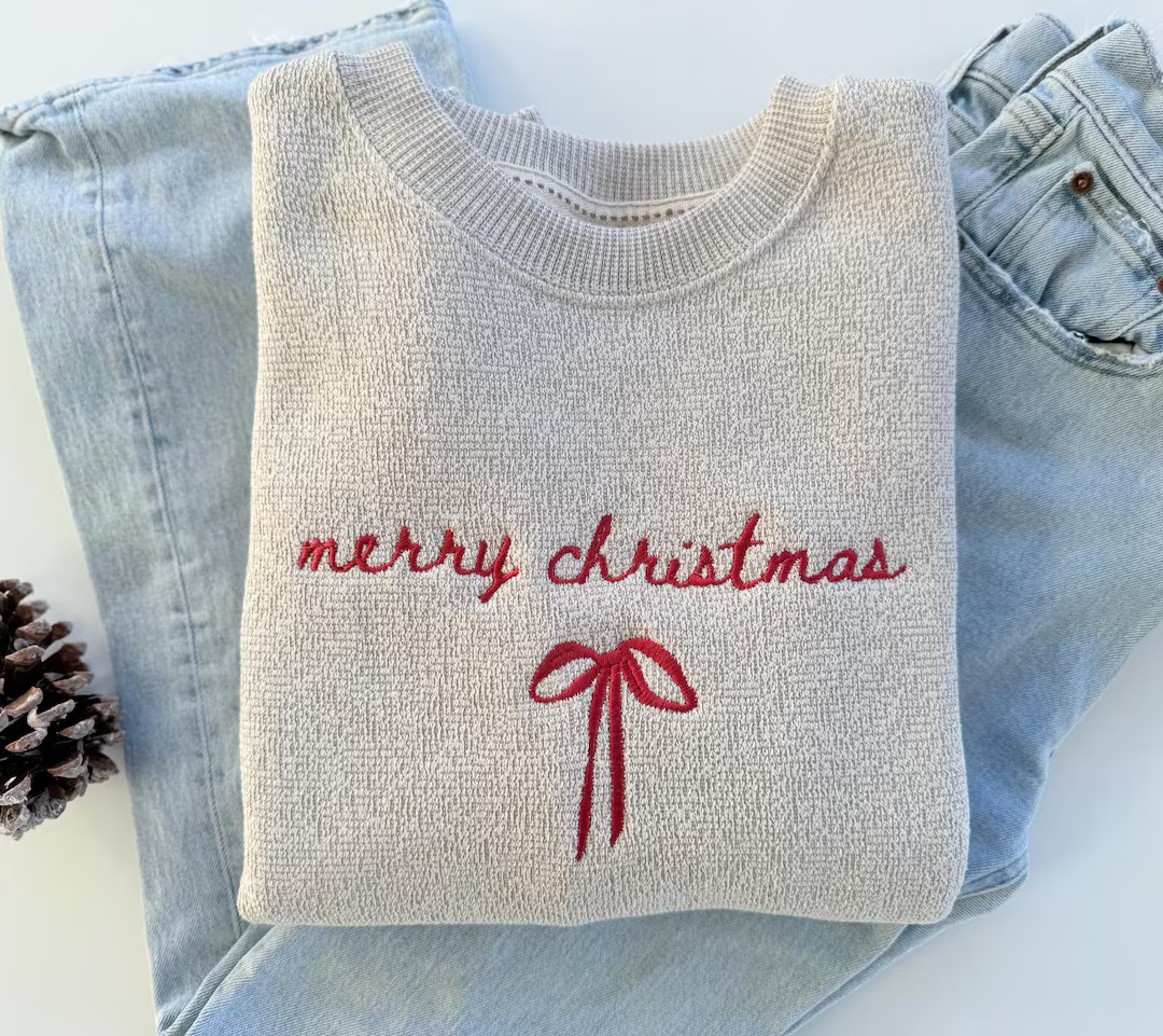 Embroidered Christmas Sweatshirt: Merry Christmas Bow Design - Etsy | Etsy (US)