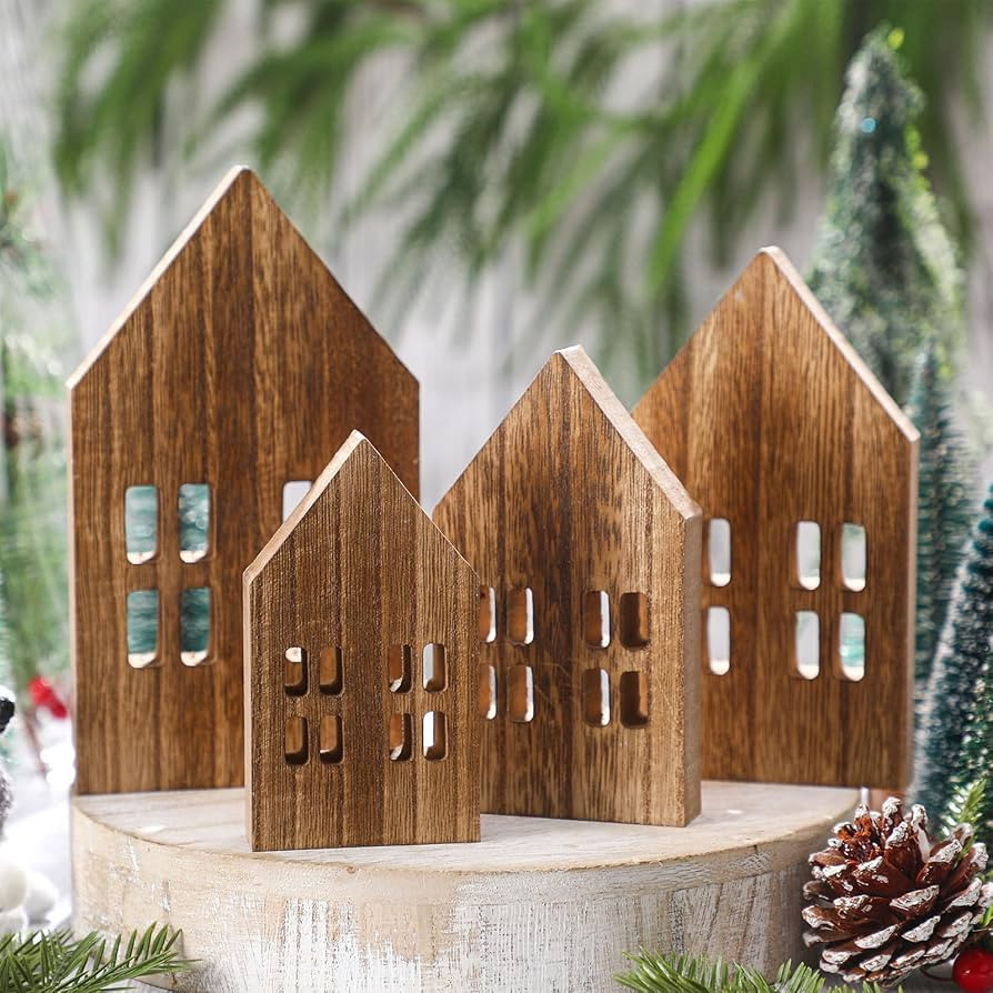 Yousoontic 4 Pcs Christmas Wooden Houses - Tiered Tray Decor for Home Office Shelf Table Fireplac... | Amazon (US)
