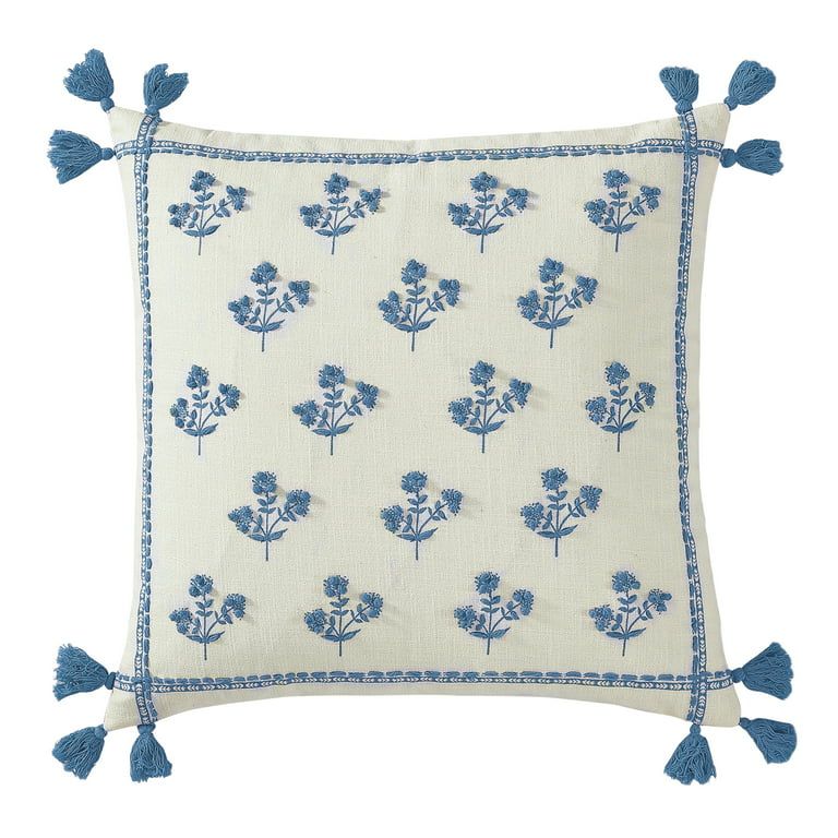 Better Homes & Gardens, Blue Block Print Floral Throw Pillow, Square, 20" x 20", 1 Piece - Walmar... | Walmart (US)