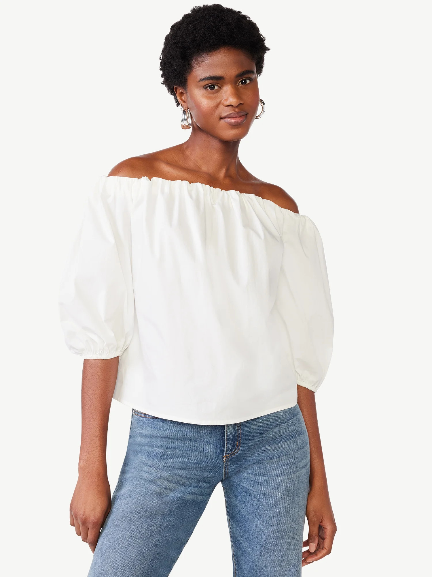 Scoop Women's Off the Shoulder Poplin Top with Puff Sleeves, Sizes XS-XXL | Walmart (US)