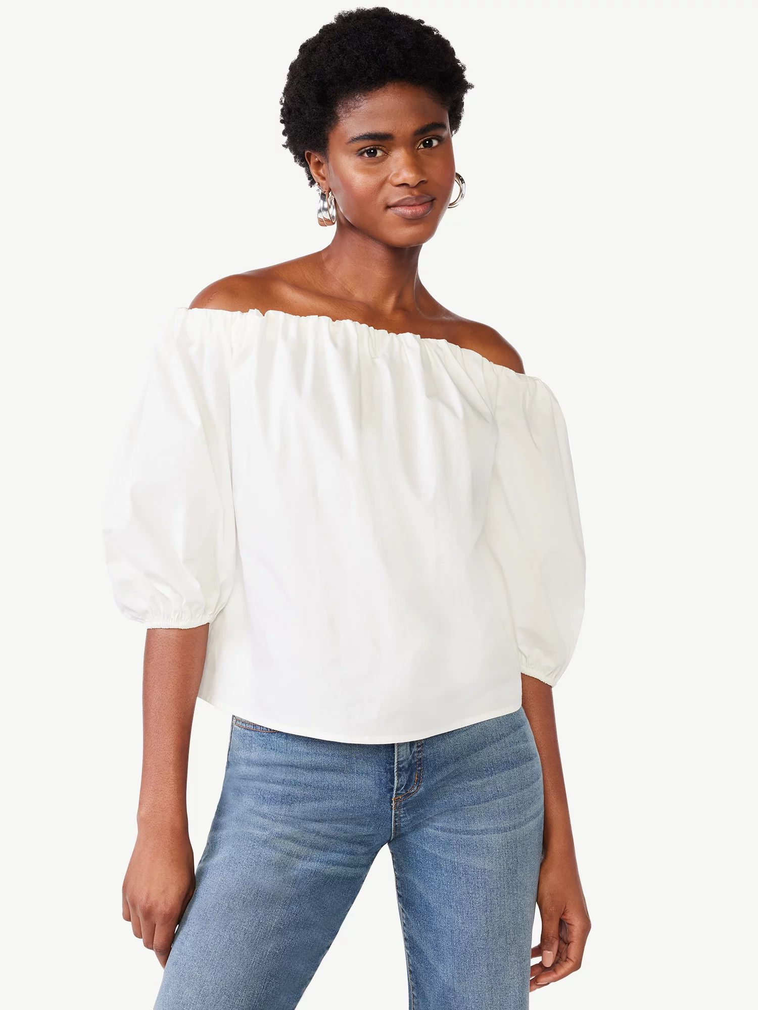 Scoop Women's Off the Shoulder Poplin Top with Puff Sleeves, Sizes XS-XXL | Walmart (US)