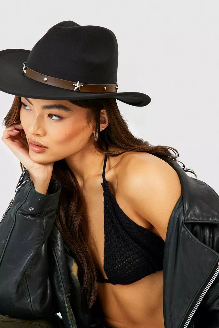 Black Star Studded Trim Western Cowboy Hat | Boohoo.com (US & CA)