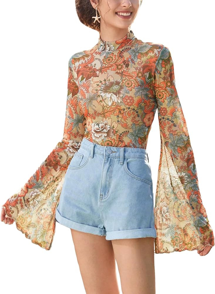 GORGLITTER Women's Floral Print Bell Long Sleeve Crop Blouse 70s Sheer Mesh Mock Neck Shirt Crop ... | Amazon (US)