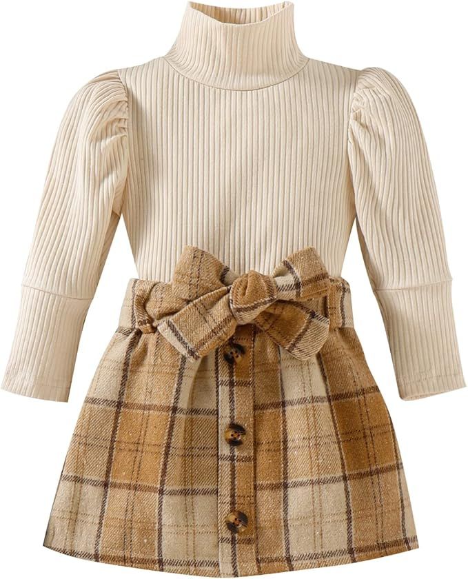 Fernvia Toddler Baby Girl Fall Winter Skirt Set Turtleneck Ribbed Long Sleeve T-Shirt Top & Plaid... | Amazon (US)