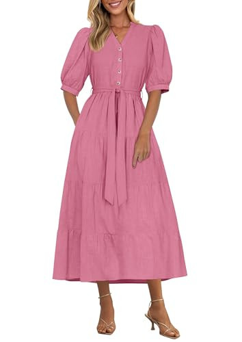 PRETTYGARDEN Women's Summer Midi Dress 2025 Casual Short Sleeve V Neck Buttons Belted Ruffle A Line Flowy Dress with Pockets (Dark Pink,Medium) | Amazon (US)