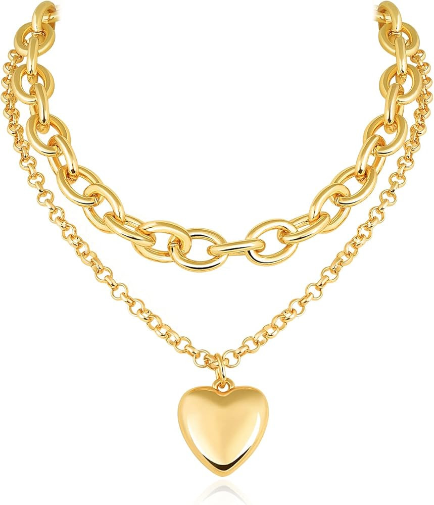 Double Layered Chunky Pendant Necklace: 14k Gold Plated Heart Shaped Fashion Thick Cable Chain Je... | Amazon (US)