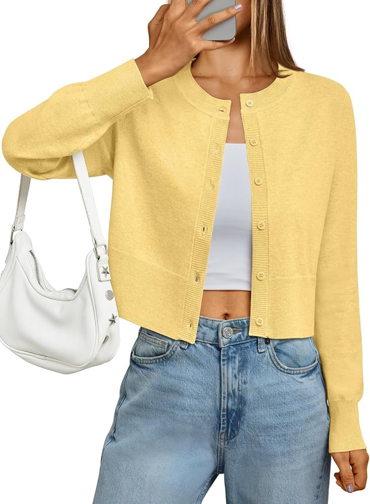 LILLUSORY Cropped Lightweight Cardigan Sweaters for Women Crew Neck Summer Clothes Fashion Spring... | Amazon (US)