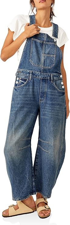 PLNOTME Womens Denim Bib Overalls Barrel Leg Adjustable Strap Jean Pants Jumpsuits with Pockets | Amazon (US)