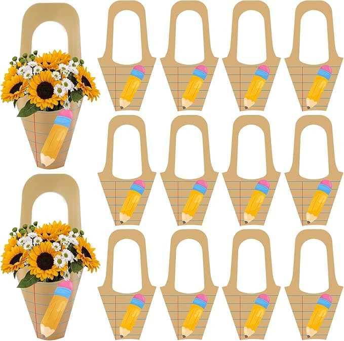 NFAMRZCAR 30 Pcs Teacher Appreciation Gift Paper Bouquet Bags, Pencil & Note Print Flower Wrappin... | Amazon (US)