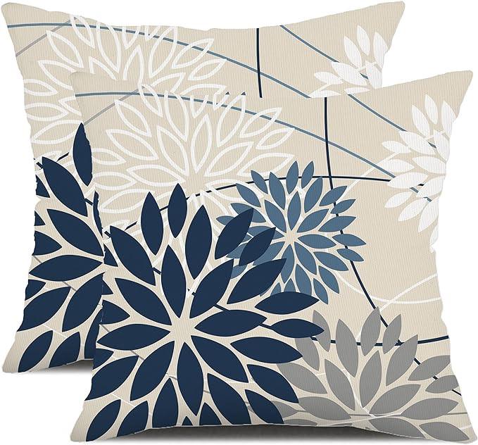 Blue and Gray Floral Pillow Covers 18x18 Set of 2 Outdoor Waterproof White Colored Decorative Thr... | Amazon (US)