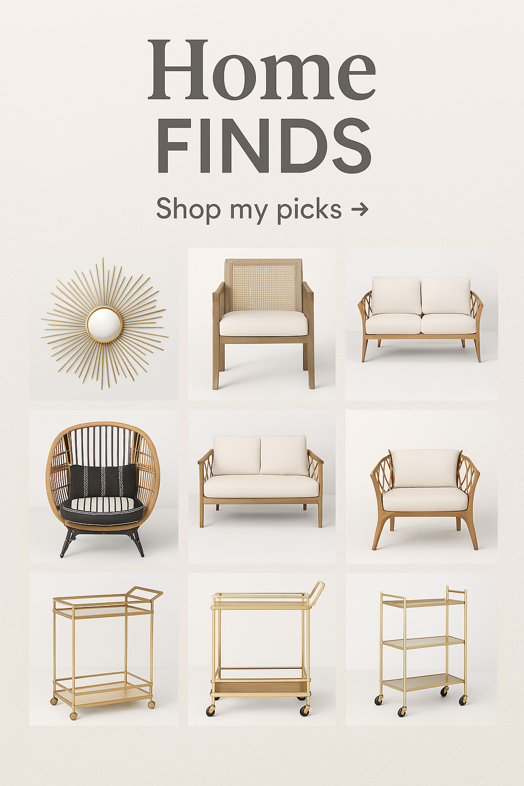 These neutral and modern home pieces are giving quiet luxury without the splurge. From the viral cane lounge chair and gold bar carts to the must-have egg patio chair, this roundup is full of best-sellers that elevate any space.

If you're furnishing a cozy corner, sprucing up your patio, or styling a bar area—these are Pinterest girl approved.

Tap to shop everything through my LTK before it sells out!

#TargetHome #NeutralDecor #BarCartGoals #InteriorDesignInspo #HomeStylingTips #OutdoorPatioFurniture #QuietLuxury #PinterestHomeStyle #LTKHome #FurnitureRoundup #ModernCozyHome

 

 #LTKSeasonal #LTKFindsUnder100 #LTKStyleTip