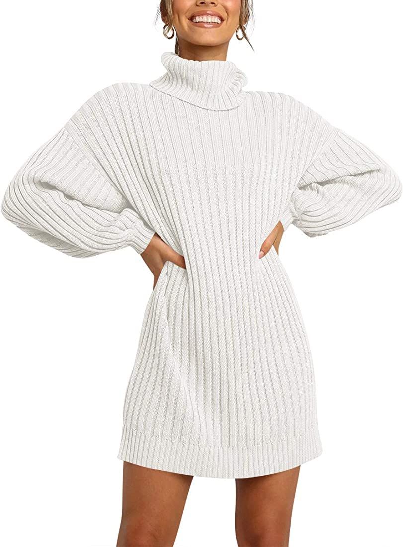 MILLCHIC Women Turtleneck Long Lantern Sleeve Sweater Dress Winter Casual Loose Knit Oversized Pullo | Amazon (US)