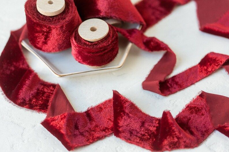 Ruby Red Silk Velvet Ribbon; Bridal Bouquet, invitations, Wedding; hand dyed; hand ripped wedding... | Etsy (US)