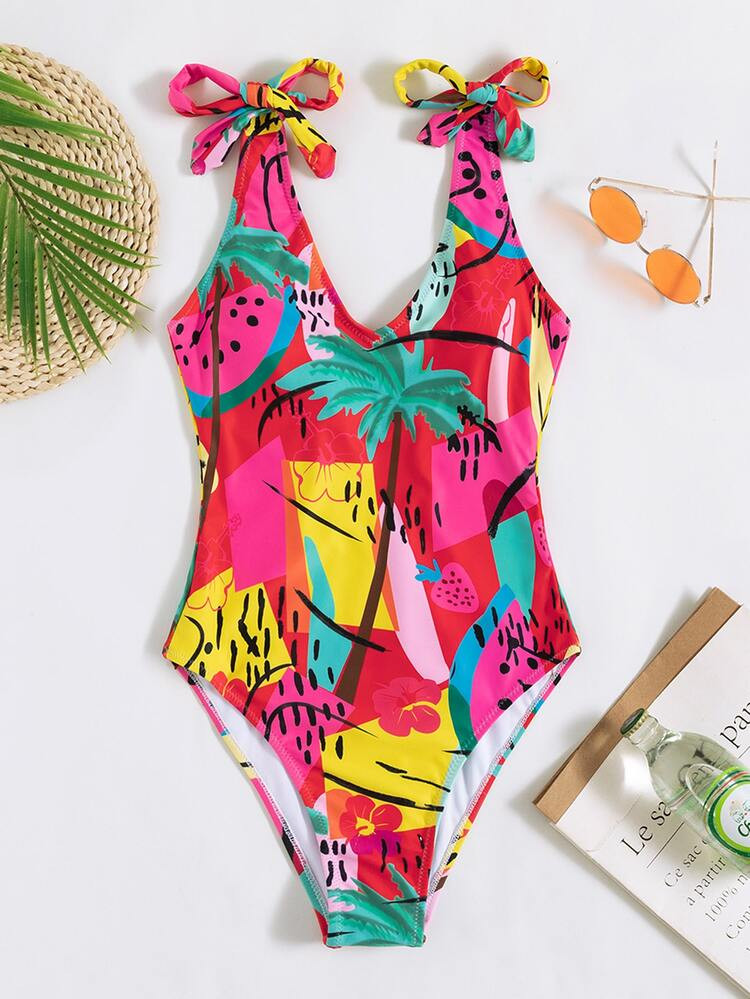 Allover Print Knot Shoulder One Piece Swimsuit | SHEIN