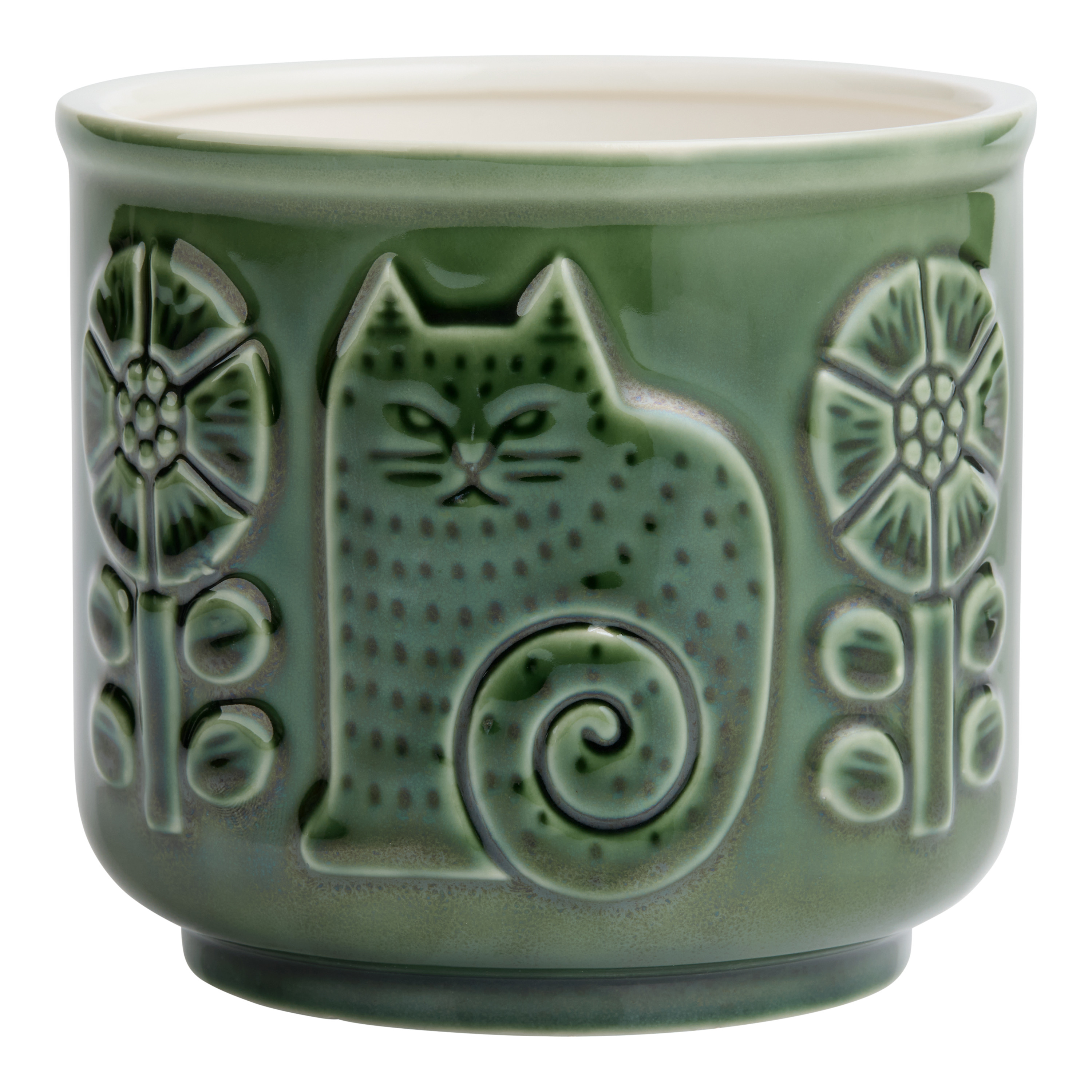 Green Ceramic Embossed Cat and Flower Planter | World Market