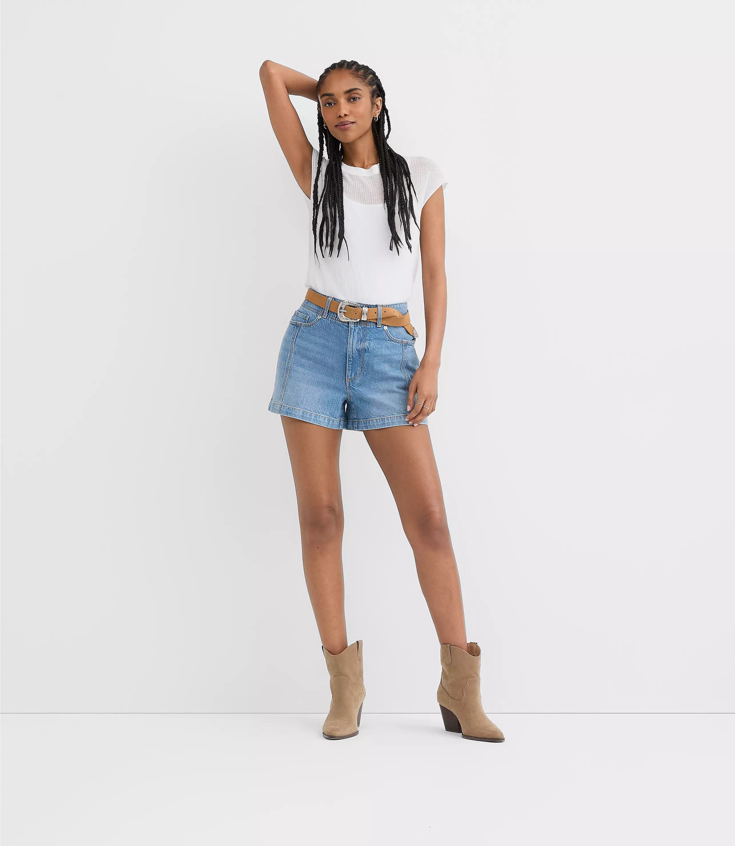 Rivete Seamed High Rise Denim Shorts in Mid Wash | LOFT