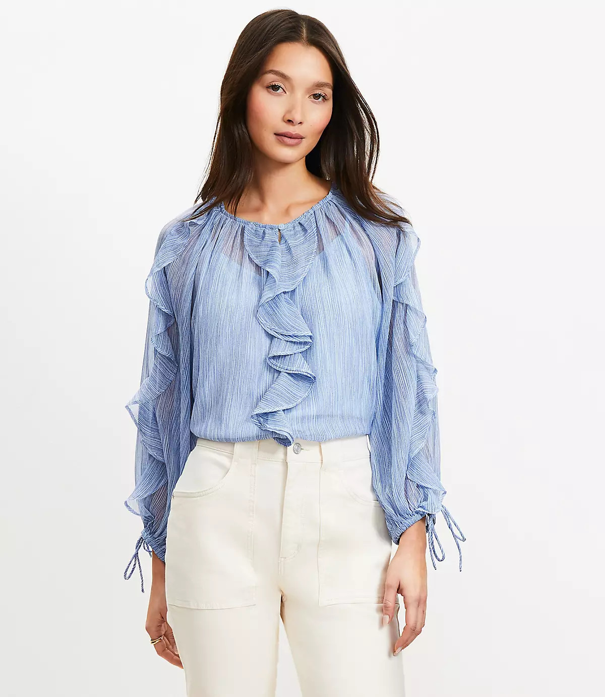 Striped Chiffon Ruffle Tie Cuff Blouse | LOFT