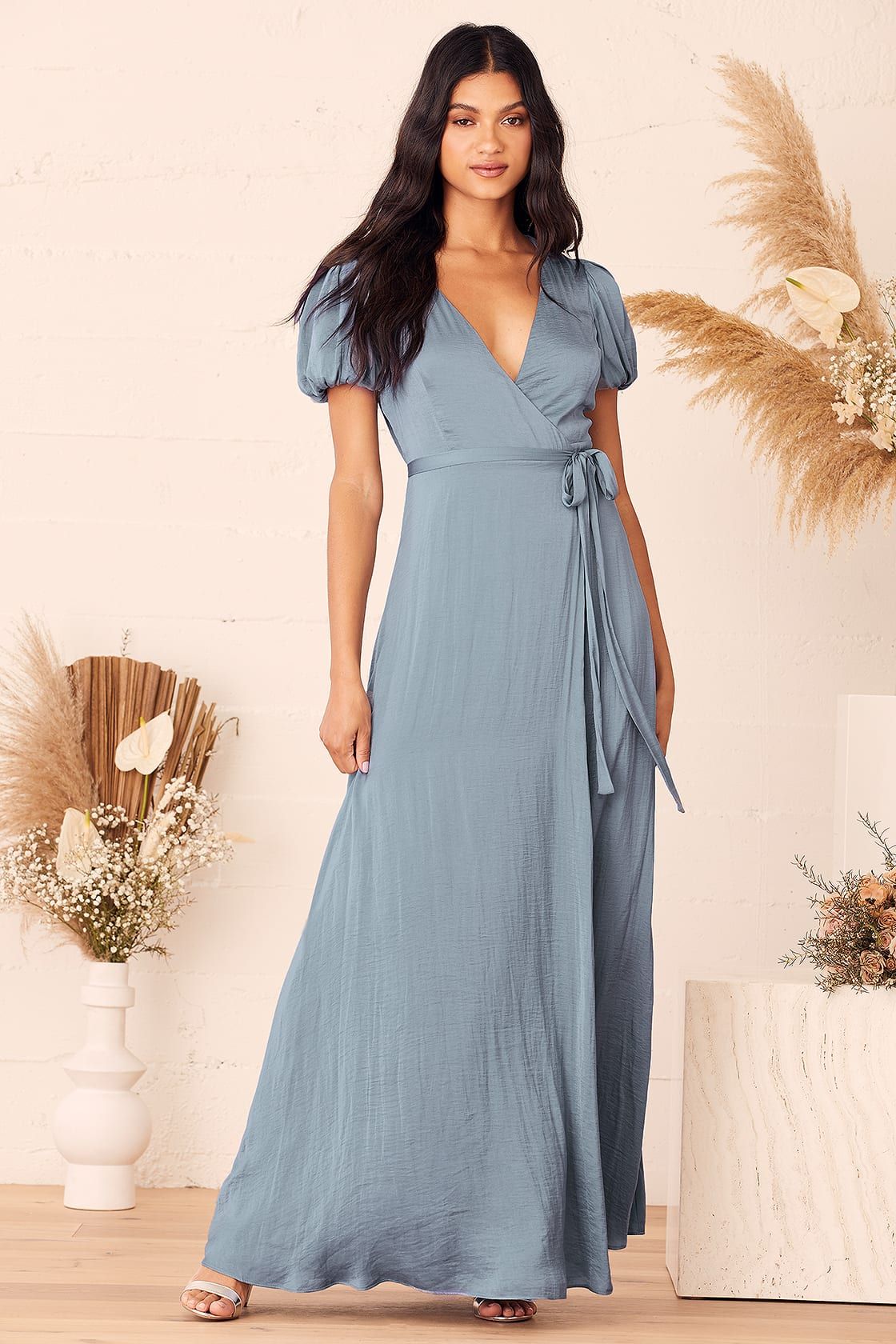 Always Tell Me Dusty Blue Satin Puff Sleeve Wrap Maxi Dress | Lulus (US)