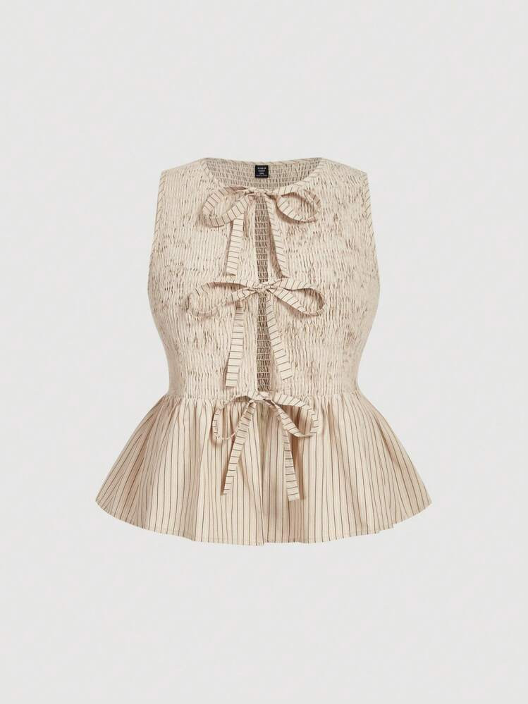 SHEIN MOD Plus Size Khaki Retro Striped Cute Girl Bowknot-Up Blouse.Summer Blouses For Women | SHEIN