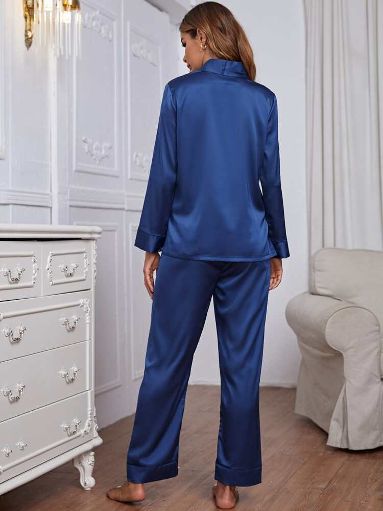 Shawl Neck Satin Solid Night Set | SHEIN