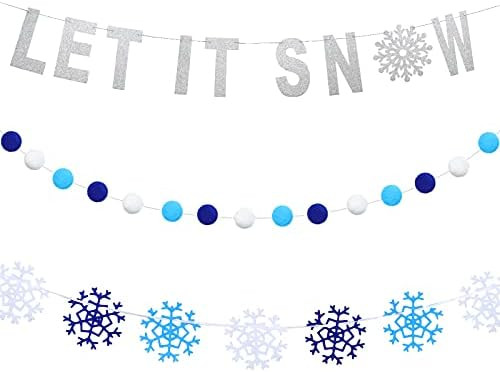 Breling Silver Glitter Let It Snow Banner Winter Snowflake Garland Banner Wool Felt Ball Pom Pom ... | Amazon (US)