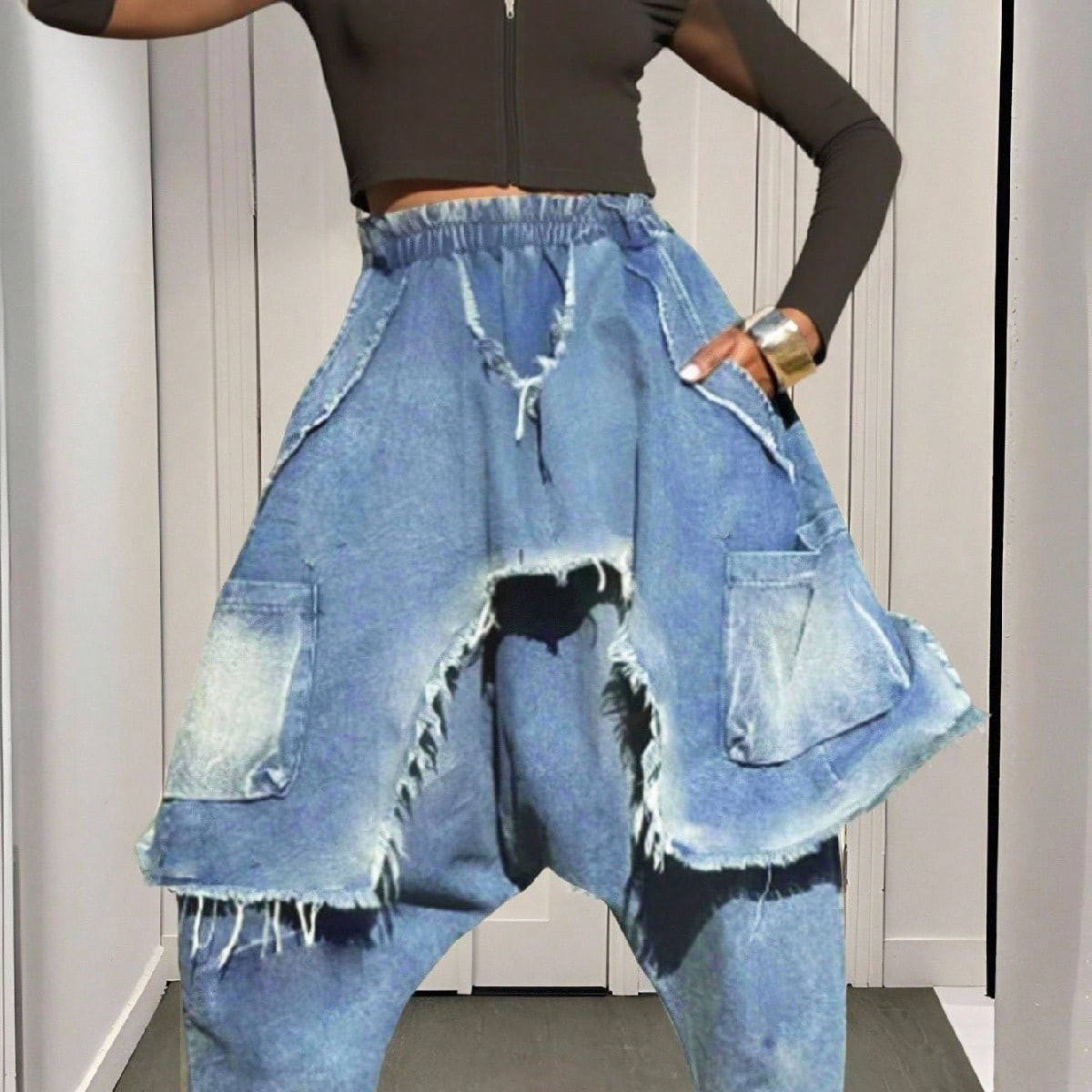 Slaydiva Women's Elastic Waist Frayed Hem Loose Harem Casual Jeans Baggy Jeans Y2k Oversized Jeans Frayed Jeans Patchwork Jeans Loose Jeans Distressed Jeans Ripped Jeans Denim Pants | SHEIN