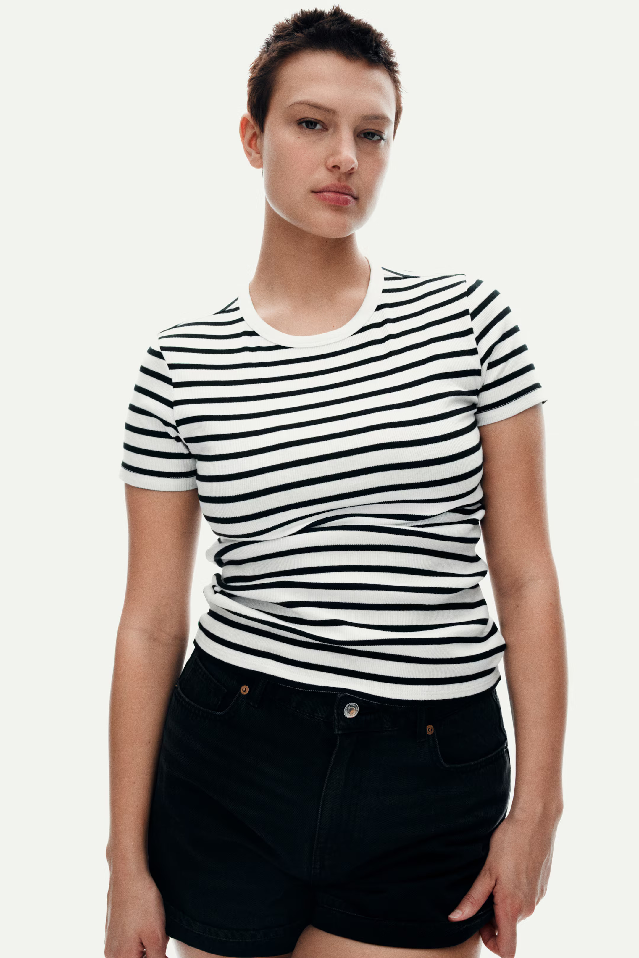 Ribbed T-Shirt - White/striped - Ladies | H&M US | H&M (US + CA)